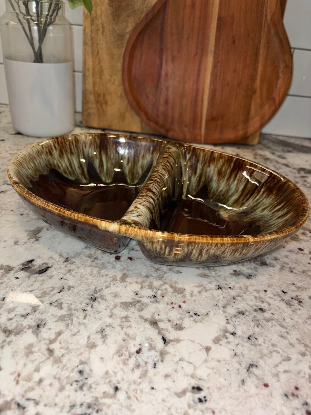Vintage Hull Brown Drip Glaze Divided Oval Serving Dish